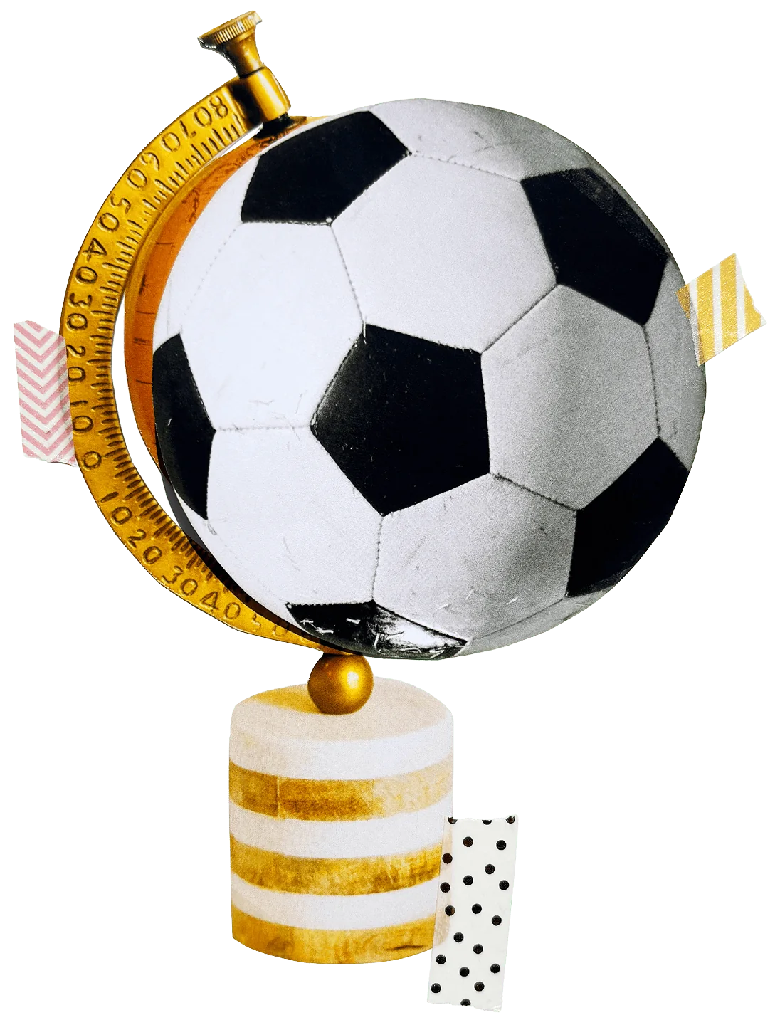 Collage: Globus in Form eines Fussballs auf einem gestreiften Sockel
